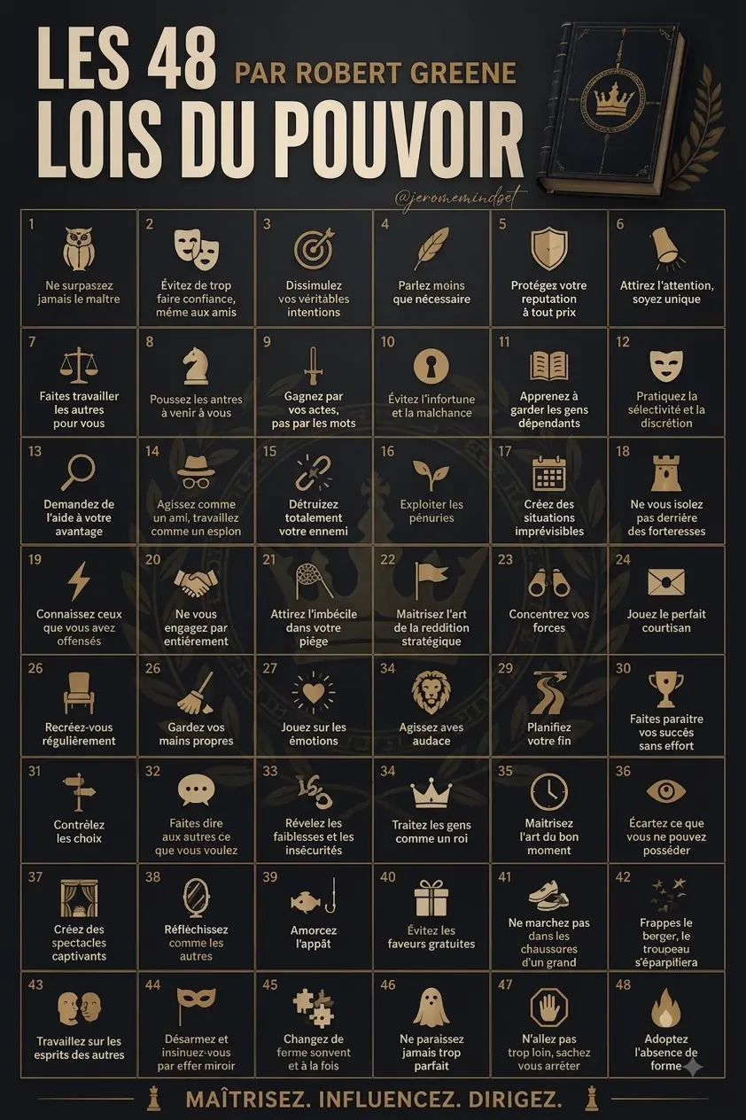 Les 48 lois du pouvoir par Robert Greene — infographie Jérôme Mindset